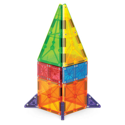 Magnetische Magna Tiles Combo met MicroMAGS set: kleurrijke bouwset in raketvorm met groen, geel, rood, blauw en oranje.
