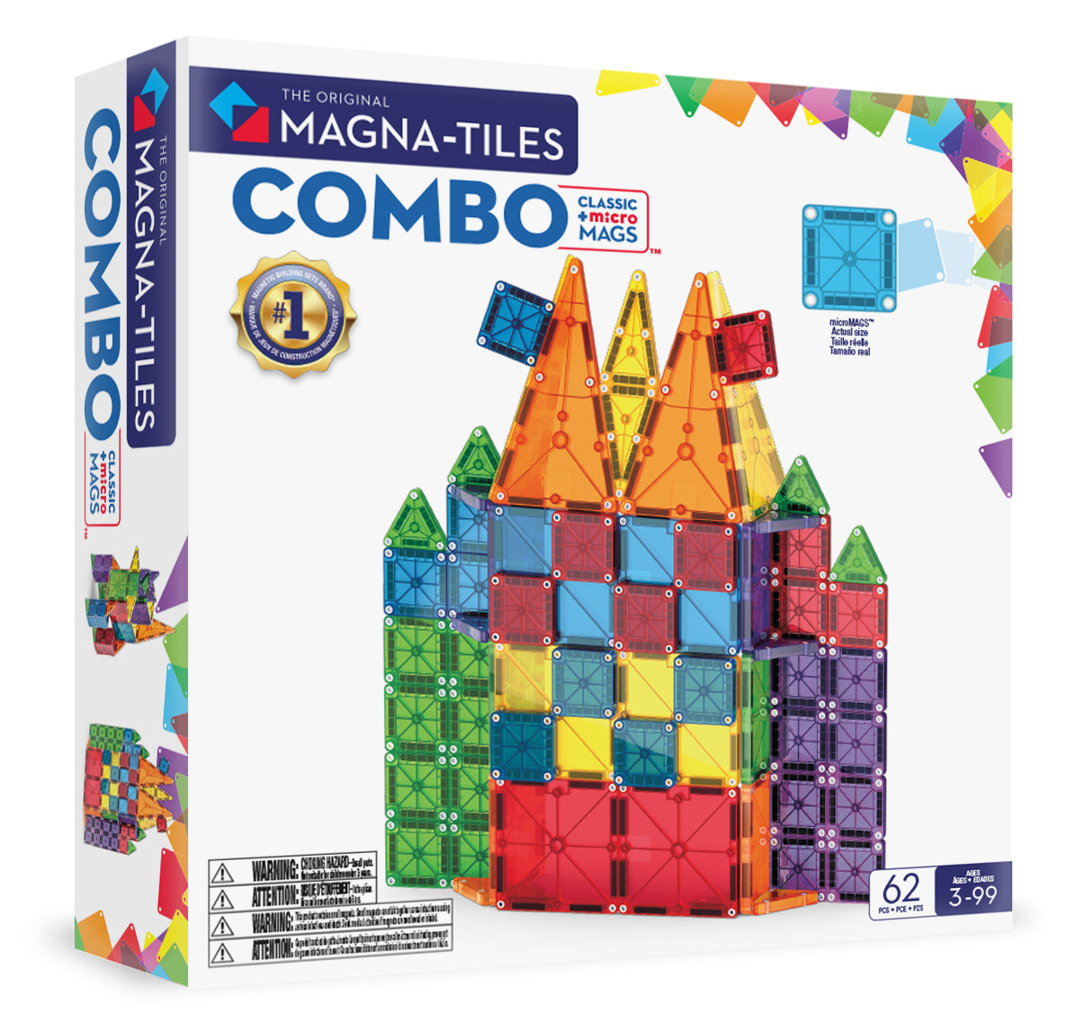 Magnetic magna tiles combo set voorkant verpakking met kleurrijk kasteel van 62 magnetische tegels