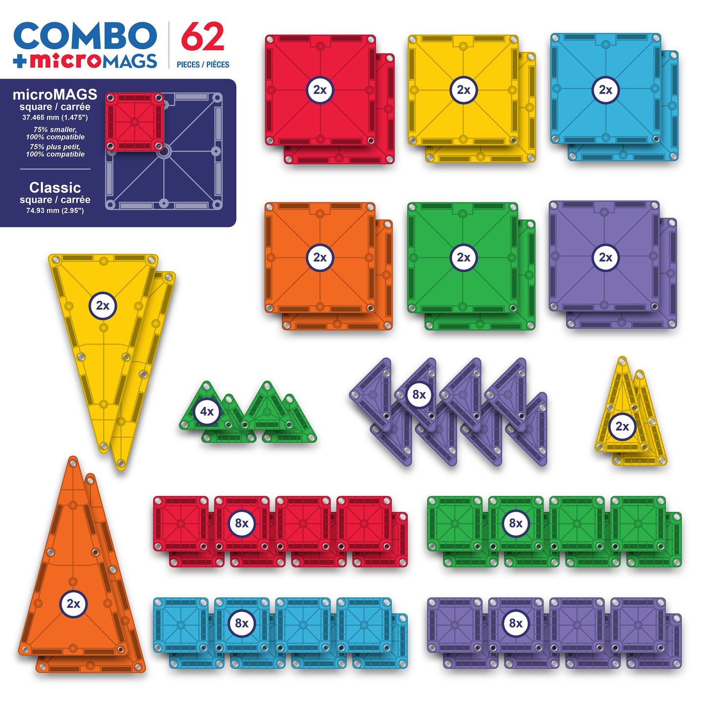 Magnetic magna tiles combo inhoud overzicht 62 magnetische tegels MicroMAGS en classic formaten