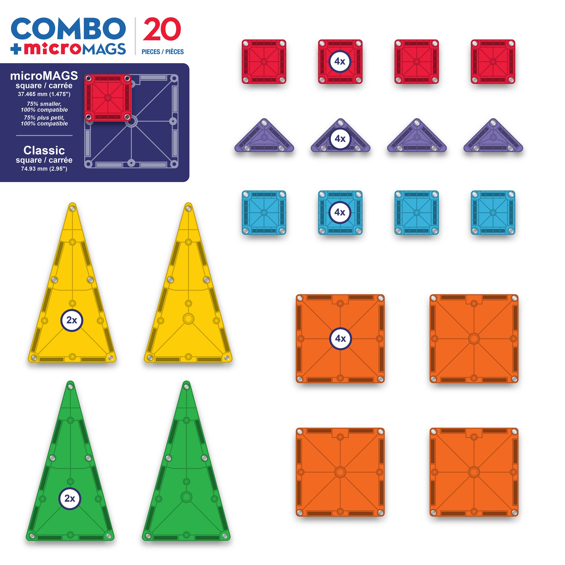 Magnetic magna tiles combo inhoud overzicht met 20 magnetische tegels, driehoeken en vierkanten