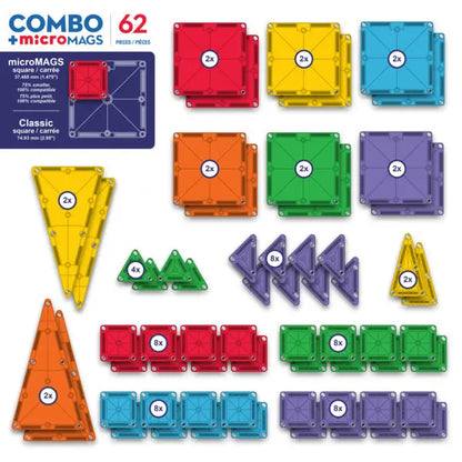 Kleurrijke Magna Tiles Combo MicroMAGS set, 62 magnetische bouwstenen, inclusief gelabelde vierkanten en driehoeken.