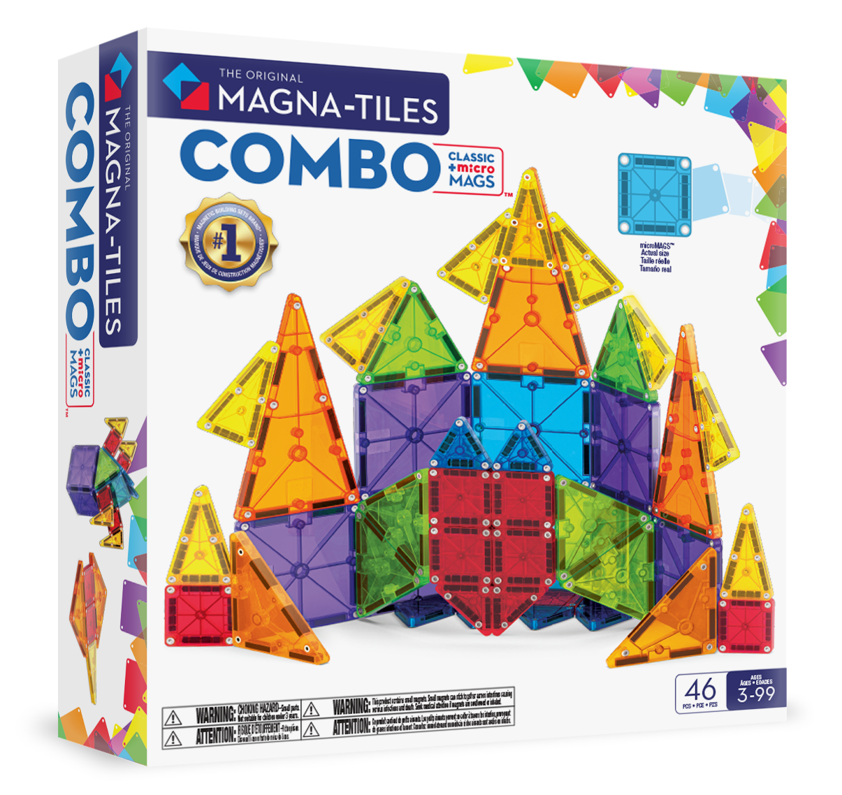Magnetic magna tiles combo set voorkant verpakking met kleurrijk kasteel van 46 magnetische tegels