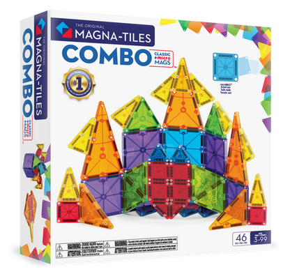 Magnetic magna tiles combo set voorkant verpakking met kleurrijk kasteel van 46 magnetische tegels