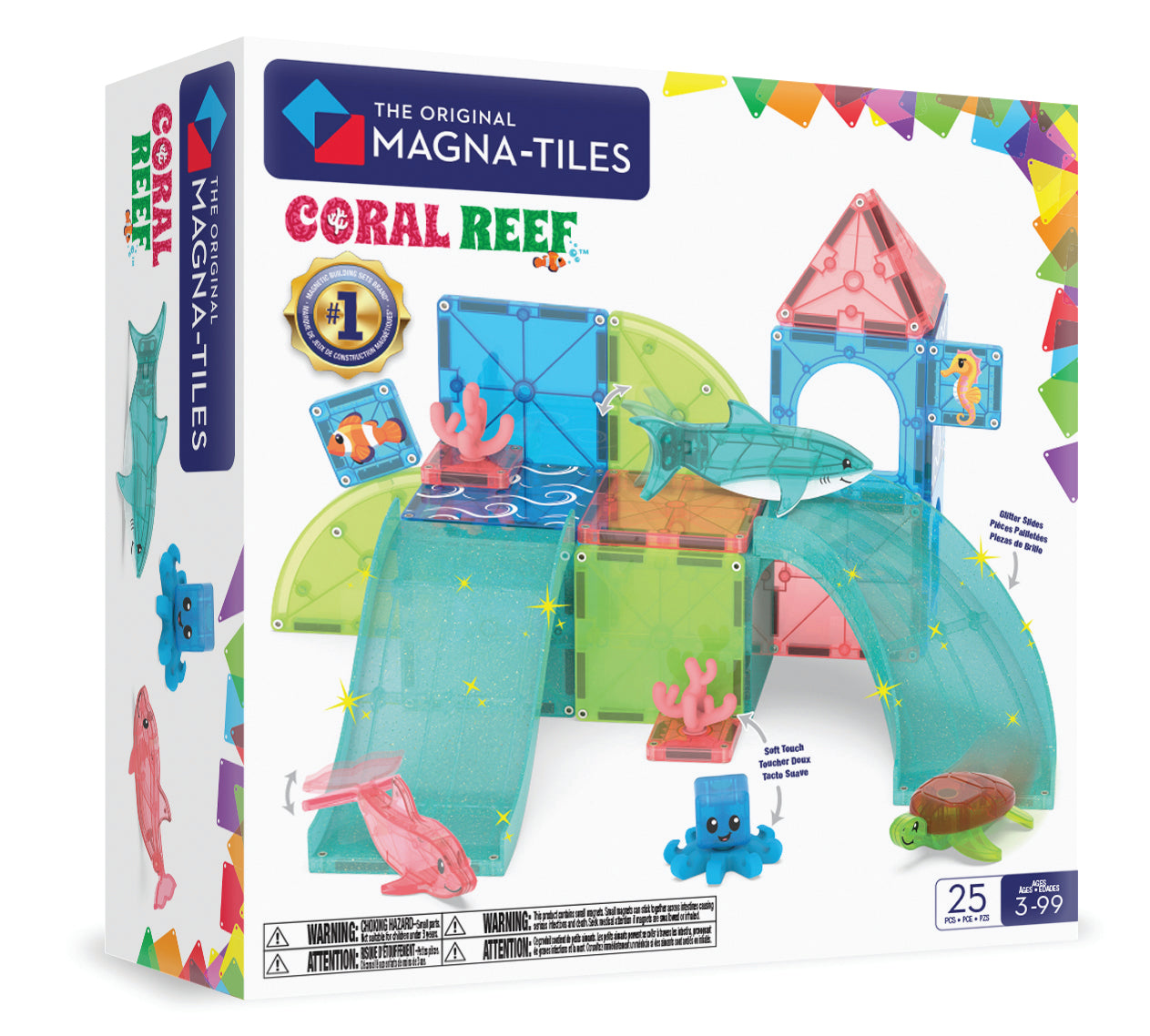 Magnetic magna tiles Coral Reef voorkant verpakking met 25 magnetische tegels en zeedieren kleurrijk