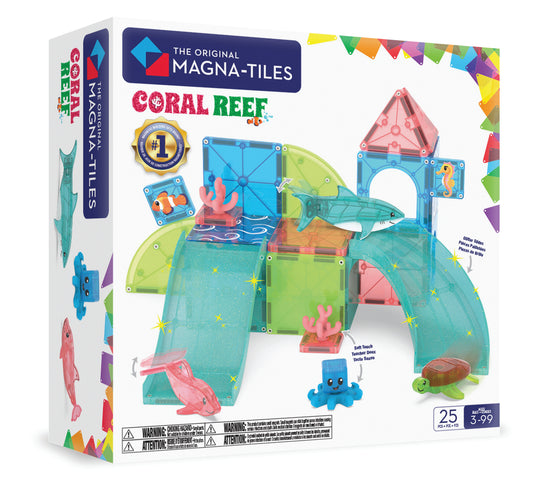 Magnetic magna tiles Coral Reef voorkant verpakking met 25 magnetische tegels en zeedieren kleurrijk