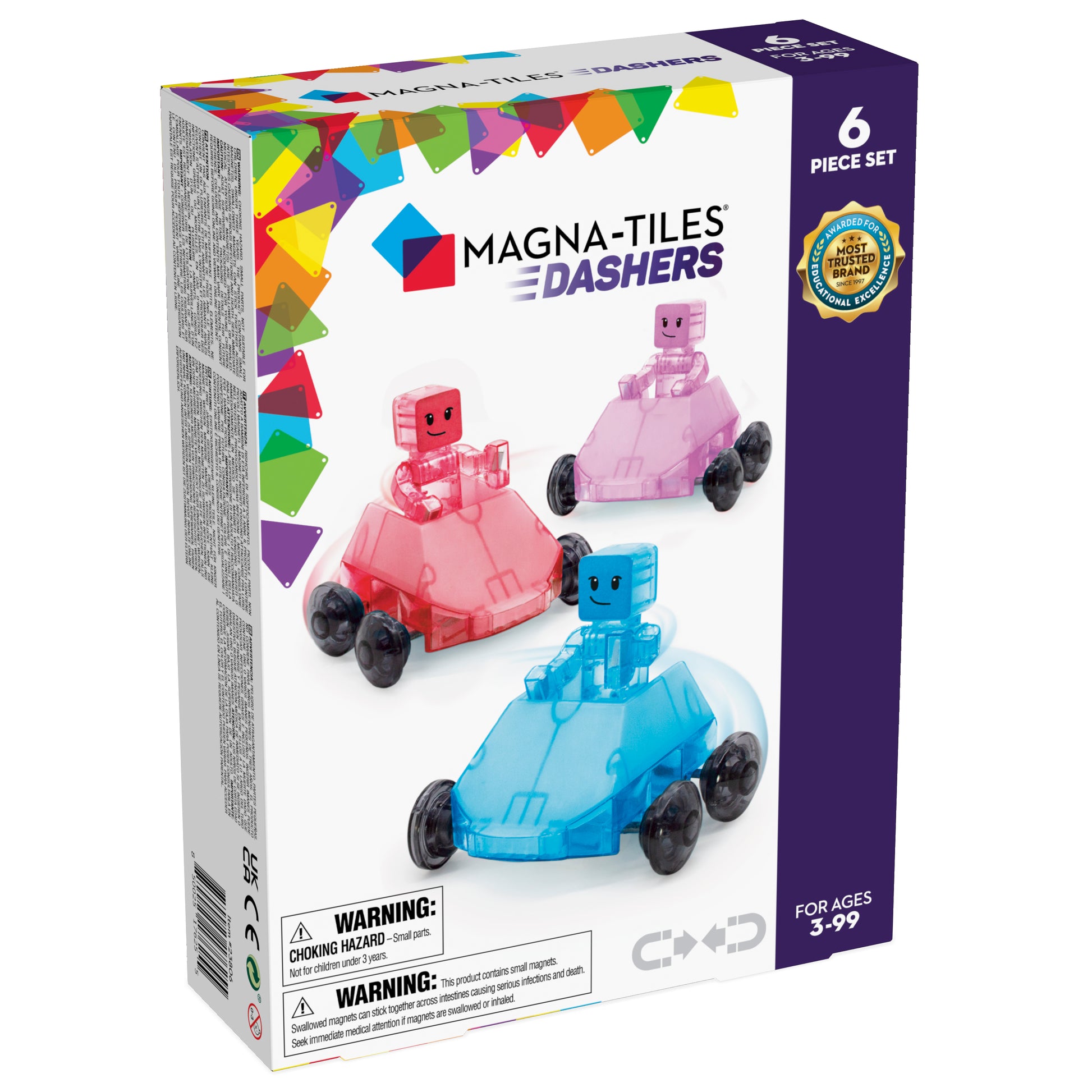 Magnetic magna tiles dashers voorkant verpakking 6 piece set met drie gekleurde racewagens
