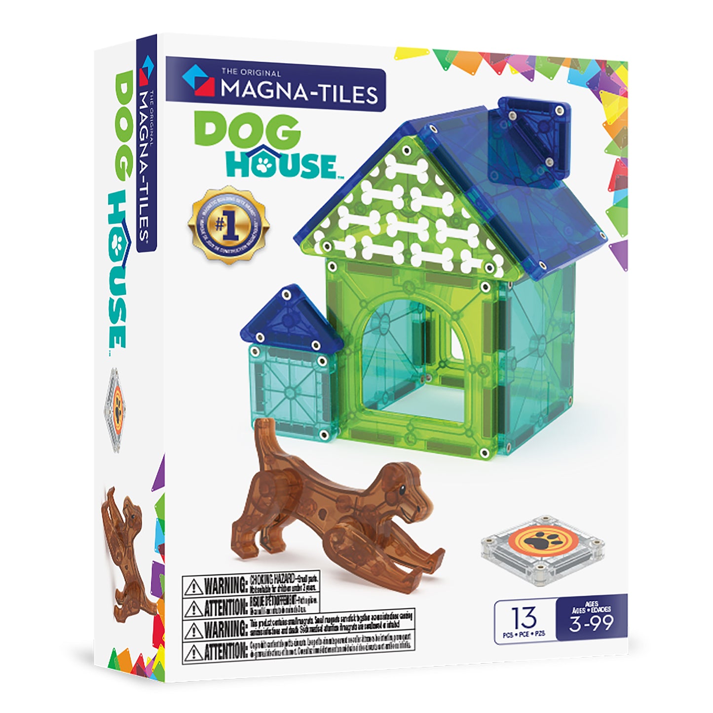 Magnetic magna tiles Dog house voorkant verpakking met 13 magnetische tegels en bruine hond figuur