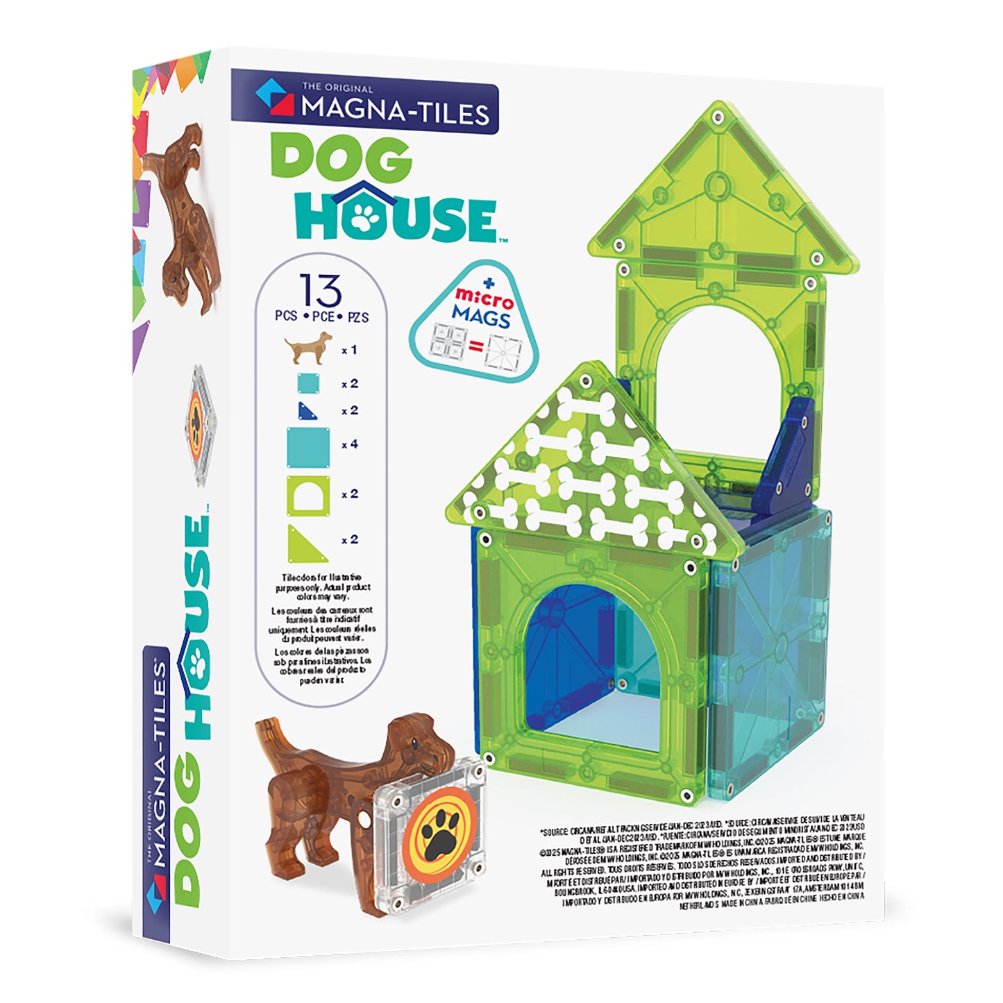 Magnetic magna tiles Dog house achterzijde verpakking met 13 stuks overzicht en MicroMags informatie