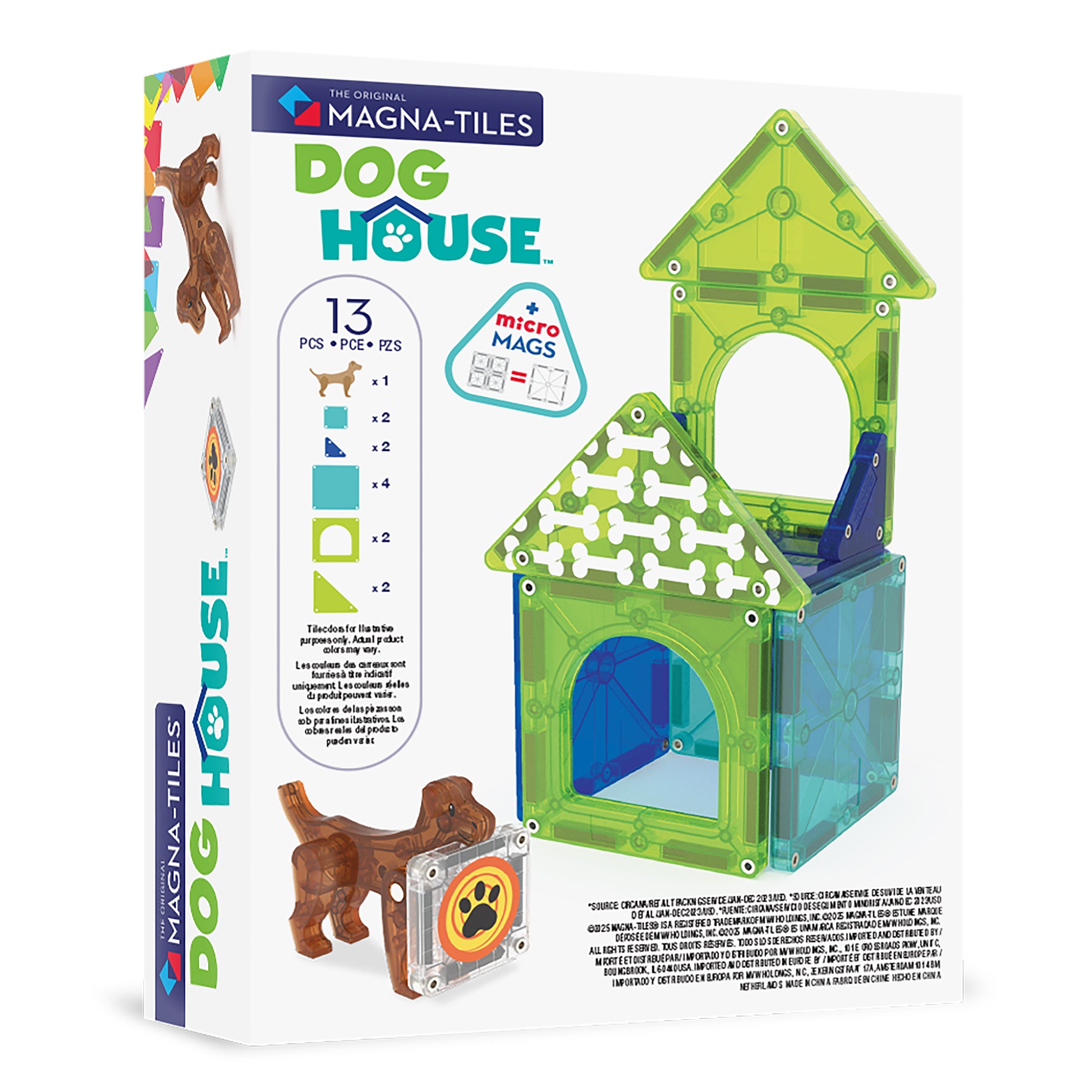 Magnetic magna tiles Dog house achterzijde verpakking met 13 stuks overzicht en MicroMags informatie