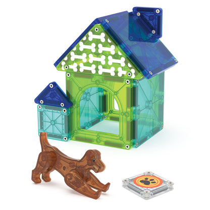 Magnetic magna tiles Dog house compleet met groene en blauwe tegels, bruine hond en magneet speelgoed