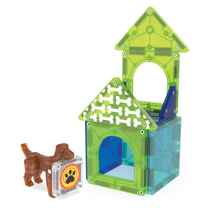 Magnetic magna tiles Dog house verticale toren constructie met groene en blauwe magneet speelgoed tegels