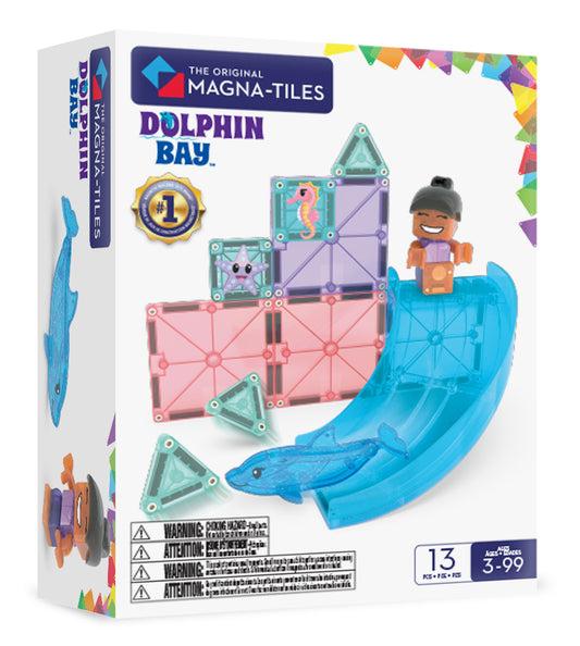 Magnetic magna tiles Dolphin Bay voorkant verpakking met 13 magnetische onderdelen en blauwe glijbaan