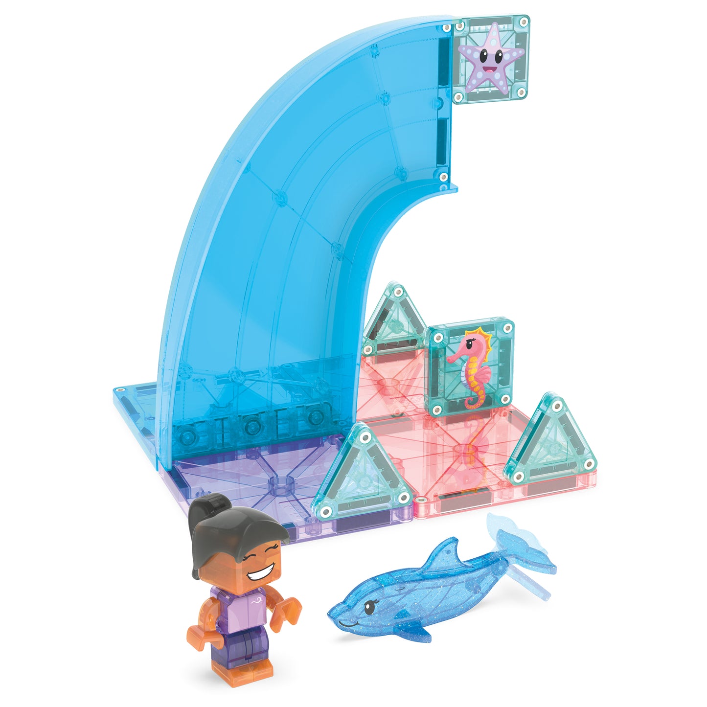 Magnetic magna tiles Dolphin Bay opbouw met blauwe glijbaan, figuur en sensorisch speelgoed elementen