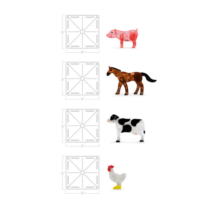 Vergelijking van 4 MicroMags Farm Animals naast magnetische Magna Tiles van 3 inch, ideaal magnetisch speelgoed voor jonge kinderen.