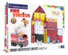 Magnetic magna tiles Fire Station voorkant verpakking met 50 stuks magnetisch speelgoed en brandweerkazerne