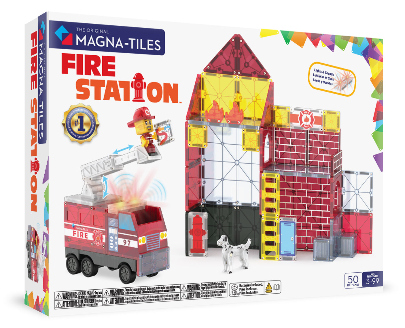 Magnetic magna tiles Fire Station voorkant verpakking met 50 stuks magnetisch speelgoed en brandweerkazerne