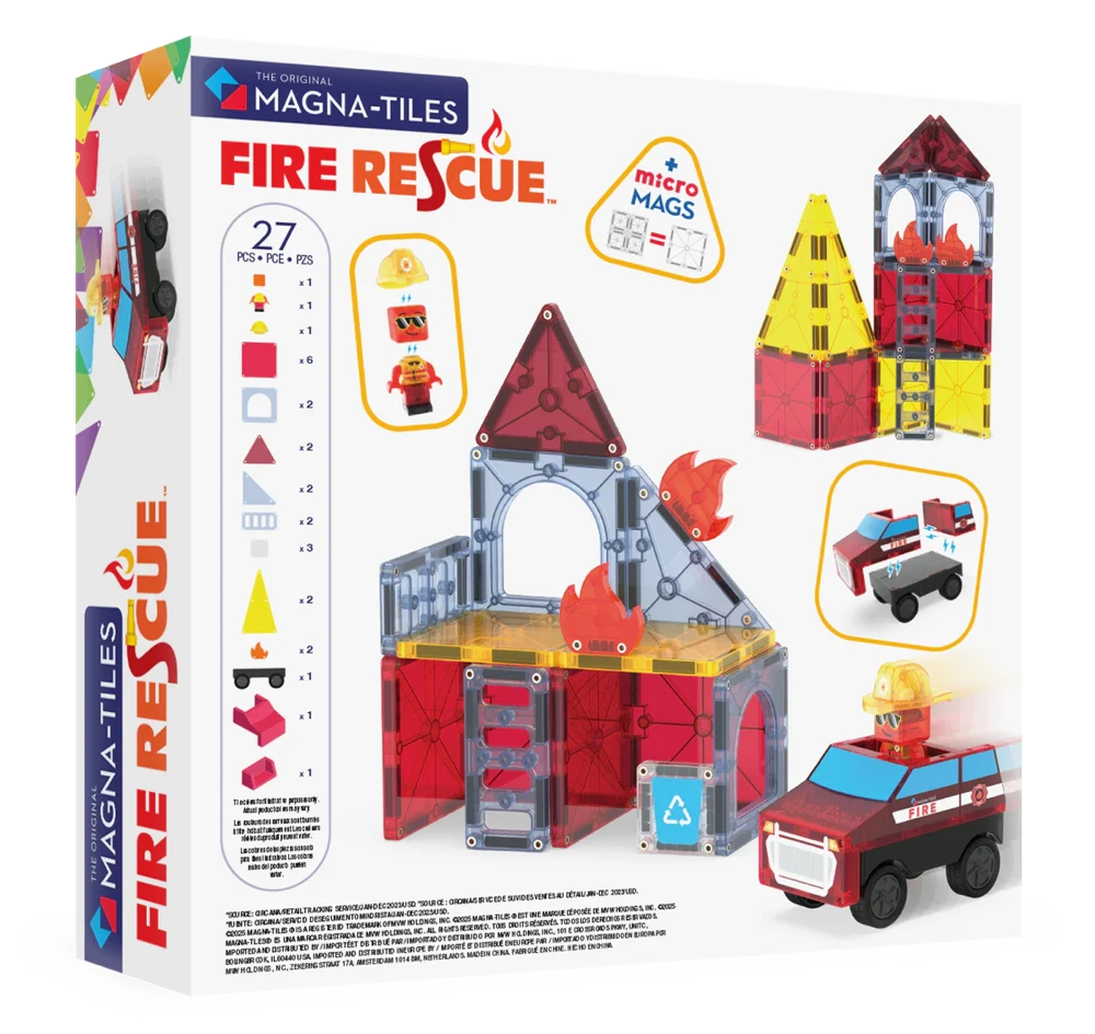 achterkant verpakking van Magna Tiles Fire Station met 27 magnetische bouwstenen, inclusief MicroMags en brandweeraccessoires.