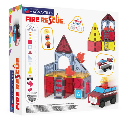 achterkant verpakking van Magna Tiles Fire Station met 27 magnetische bouwstenen, inclusief MicroMags en brandweeraccessoires.