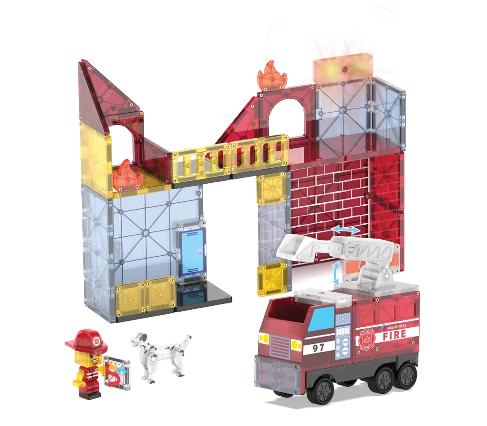 Speelgoed Fire Station van magnetische bouwstenen met ladderwagen, vlammen en brandweerman.