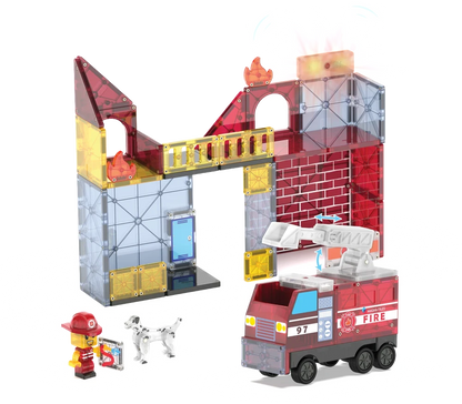 Speelgoed Fire Station van magnetische bouwstenen met ladderwagen, vlammen en brandweerman.