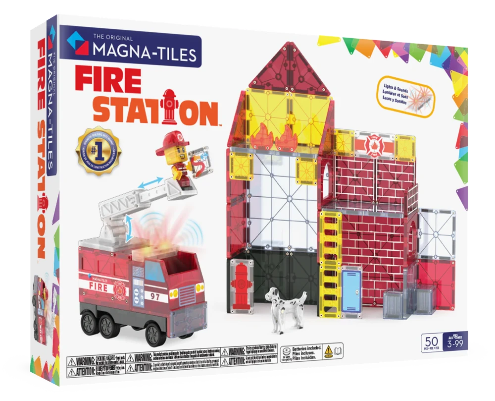 Voorkant van de doos van Magnetic Magna Tiles Fire Station met licht, geluid en speelfiguren.