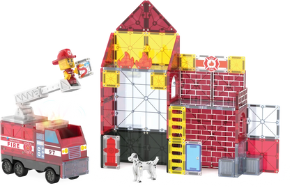 Magnetisch speelgoed met Fire Station, brandweerauto en brandend gebouw van Magnetic Magna Tiles voor kinderen.