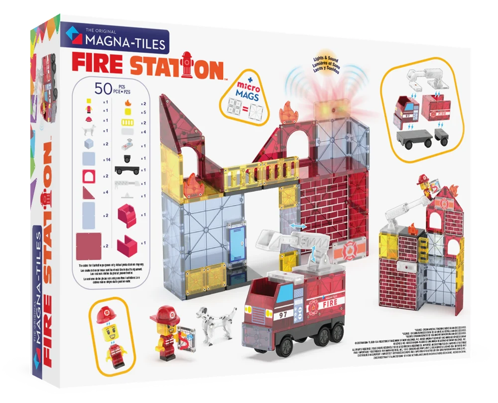 achterzijde verpakking van Magnetic Magna Tiles Fire Station met 50-delige bouwset, auto en accessoires.