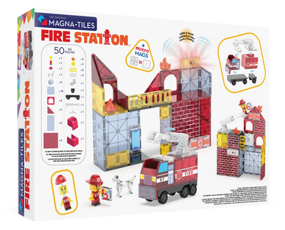 achterzijde verpakking van Magnetic Magna Tiles Fire Station met 50-delige bouwset, auto en accessoires.