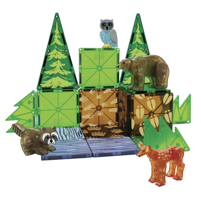 Magnetic Magna Tiles Forest Animals met een groene bosomgeving en dieren zoals een beer, wasbeer, hert en een uil.