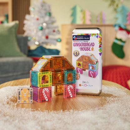 Magnetic Magna Tiles Gingerbread kerst speelgoed set met peperkoekhuis en verpakking op houten tafel