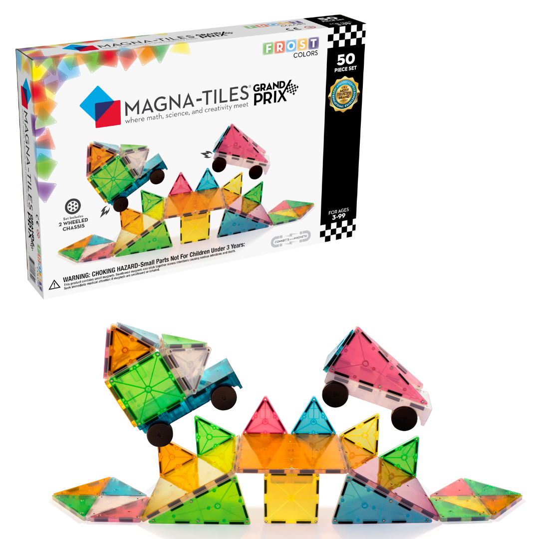 Magnetic magna tiles Grand Prix set voorkant verpakking met 50 magnetische tegels en race auto's