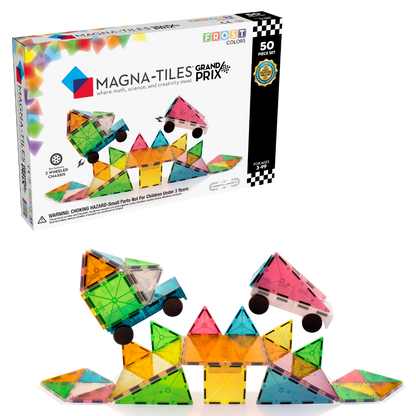 Magnetic magna tiles Grand Prix set voorkant verpakking met 50 magnetische tegels en race auto's