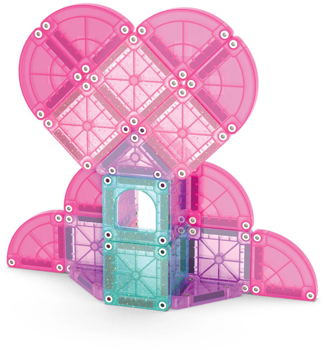 Magnetic magna tiles hartvorm detailfoto met roze en turquoise glitter MicroMAGS bouwstenen