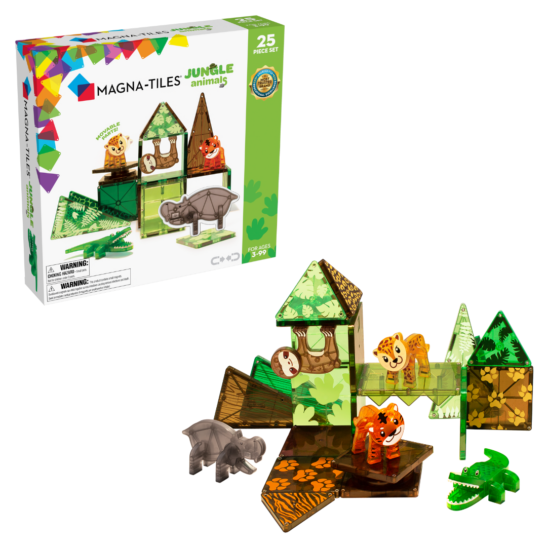 Magnetic magna tiles Jungle Animals set met 25 magnetische tegels, verpakking en opgebouwd speelgoed