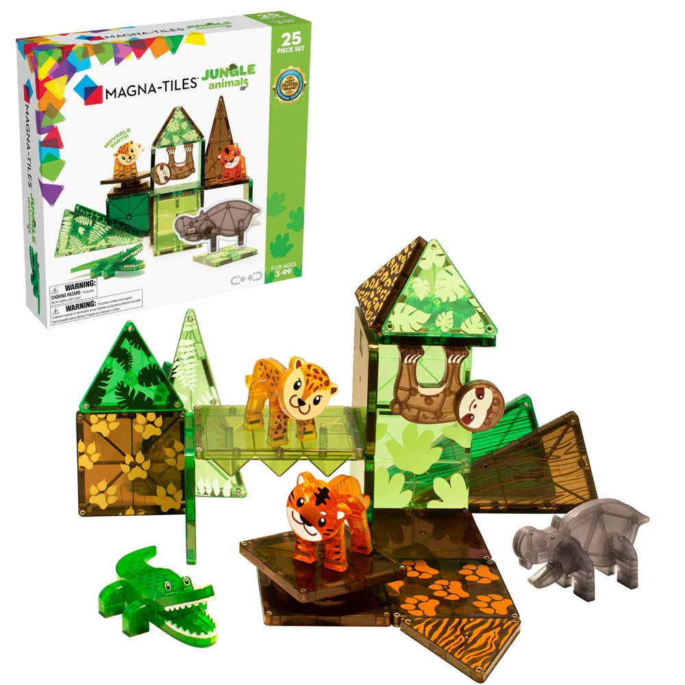 Magna Tiles Jungle Animals set met 25 magnetische tegels, inclusief tijger, luipaard, krokodil, nijlpaard en luiaard in kleurrijke jungle.