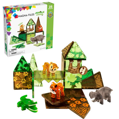 Magna Tiles Jungle Animals set met 25 magnetische tegels, inclusief tijger, luipaard, krokodil, nijlpaard en luiaard in kleurrijke jungle.