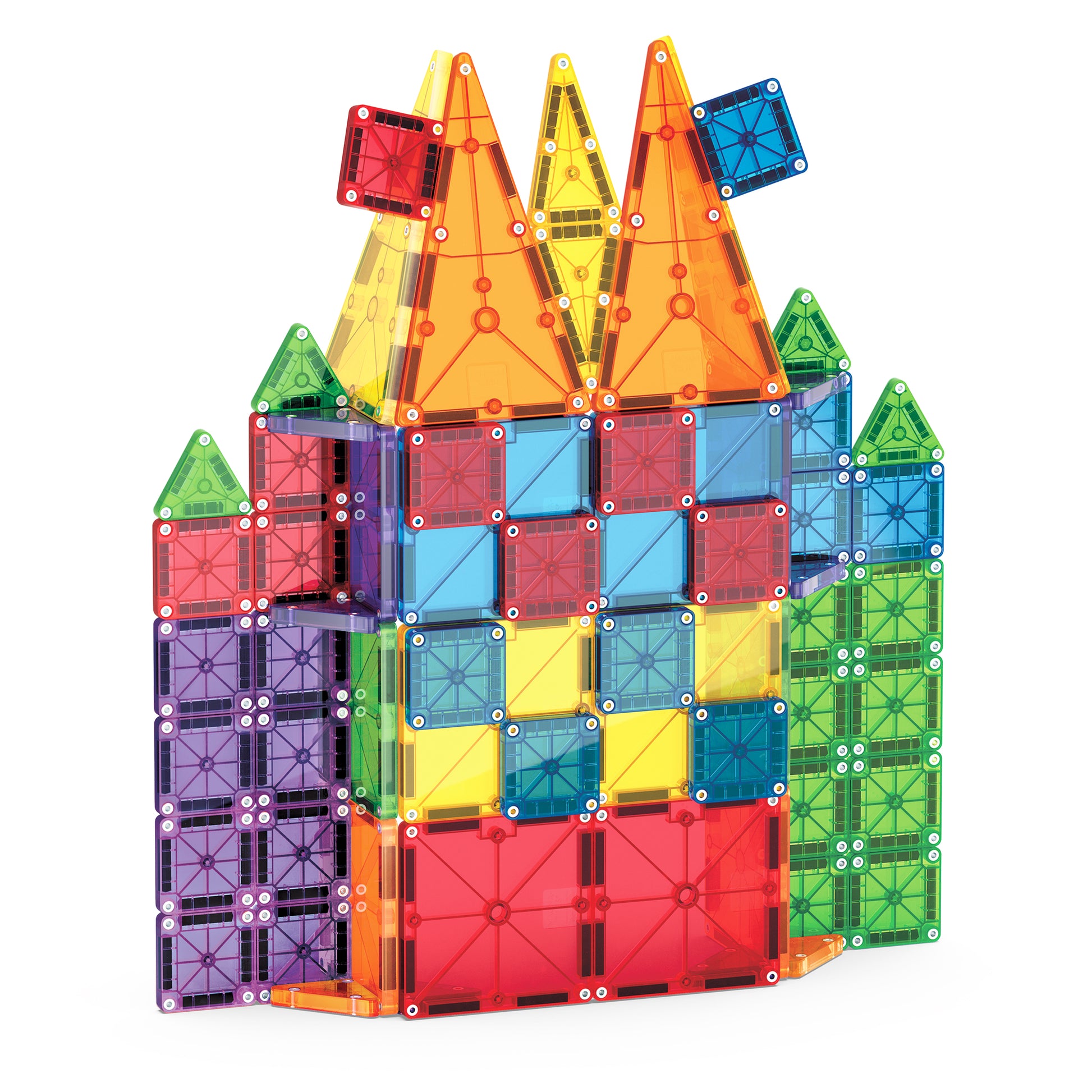 Magnetic magna tiles combo voorkant gebouwd kasteel met MicroMAGS transparante magnetische tegels