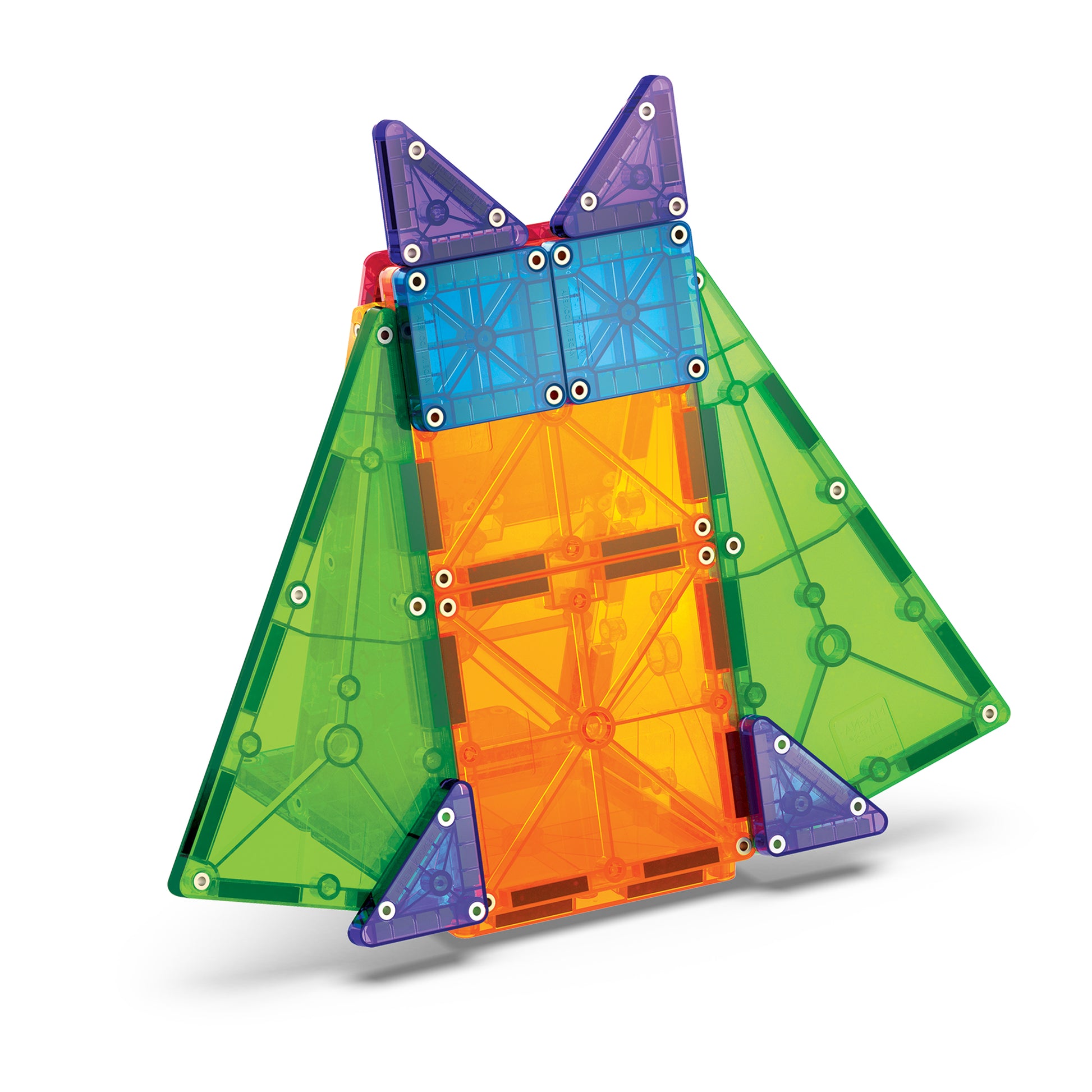 Magnetic magna tiles kat figuur gebouwd met 20 magnetische tegels in diverse kleuren en vormen