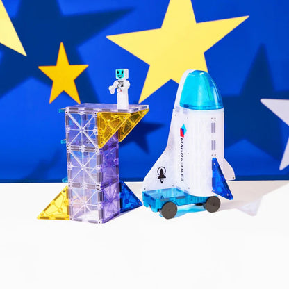 Magnetic Magna-Tiles space ruimteshuttle met blauwe cockpit, astronaut en magnetisch lanceerplatform, speelgoed voor kids.
