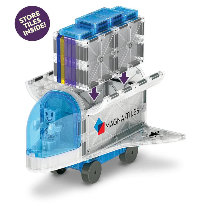 Transparante Magnetic Magna-Tiles space set ruimteshuttle met opbergfunctie, blauwe cockpit en astronaut, magneet speelgoed.