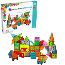 Magna Tiles Metropolis Set met 110 magnetische bouwstenen, kleurrijke ramen, daken en autowielen voor creatief magneet speelgoed.