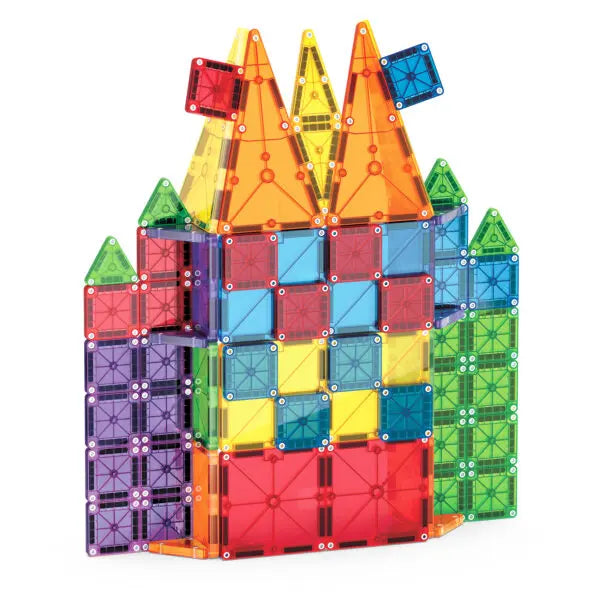 Met de Magnetic Magna Tiles Combo MicroMAGS set bouw je een magnetisch kasteel met torens en een blauwe vlag.