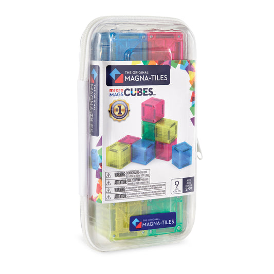 Magnetic magna tiles MicroMags Cubes in transparante reistas met 9 magnetische bouwblokken, voorkant