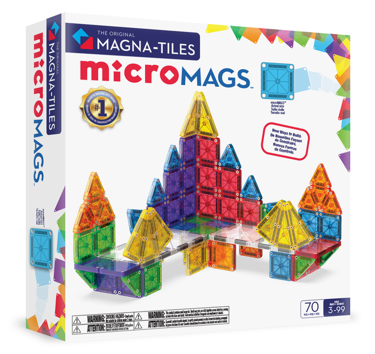 Magnetic magna tiles MicroMAGS deluxe set verpakking met 70 magnetische tegels en kleurrijke bouwconstructies