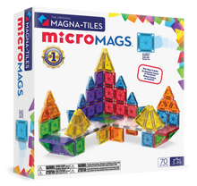 Magnetic magna tiles MicroMAGS deluxe set verpakking met 70 magnetische tegels en kleurrijke bouwconstructies