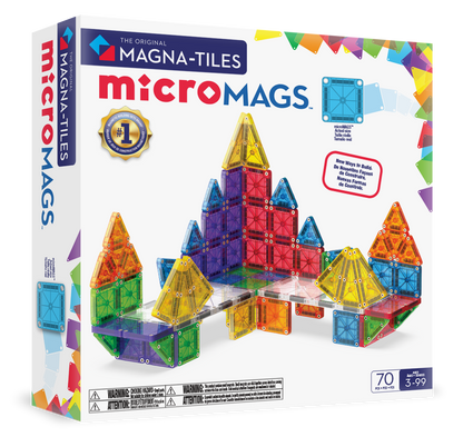 Magnetic magna tiles MicroMAGS deluxe set verpakking met 70 magnetische tegels en kleurrijke bouwconstructies