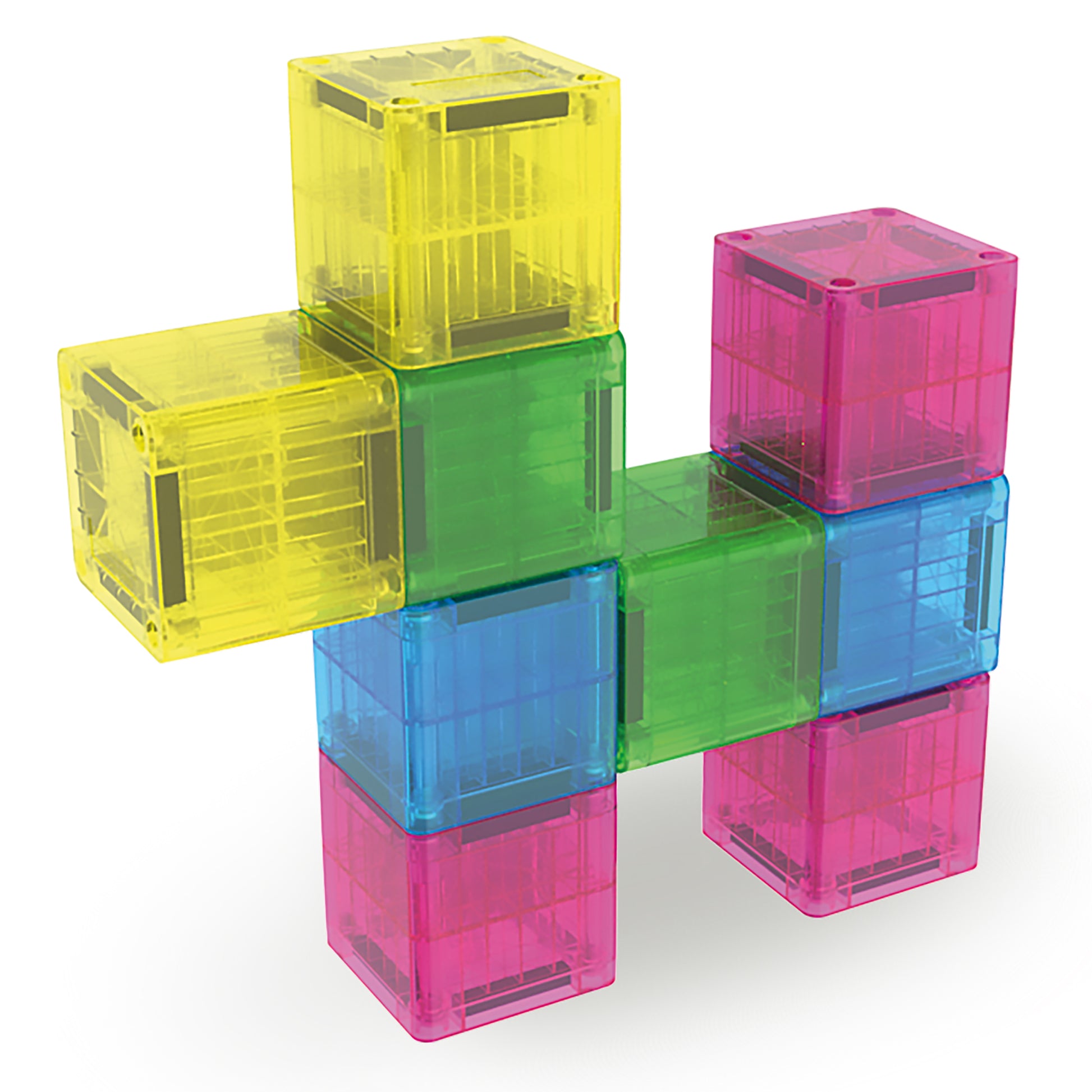 Magnetic magna tiles MicroMags stapelconstructie met 9 doorzichtige cubes in felle kleuren, 3D-aanzicht