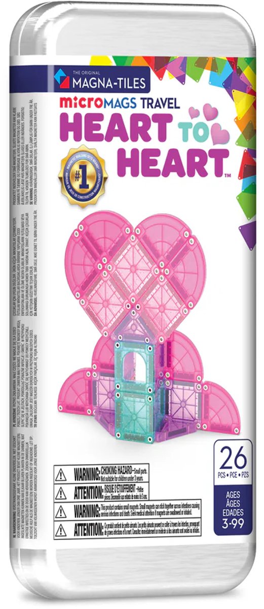 Magnetic magna tiles MicroMAGS travel set Heart to Heart voorkant verpakking met 26 roze tegels