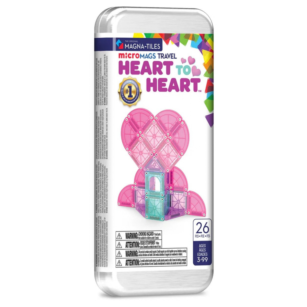Magnetic magna tiles MicroMAGS travel set Heart to Heart voorkant verpakking met 26 roze tegels
