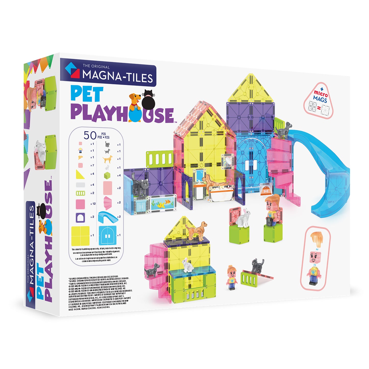 Magnetic magna tiles Pet Playhouse achterzijde doos met 50 magnetische tegels en MicroMags onderdelen